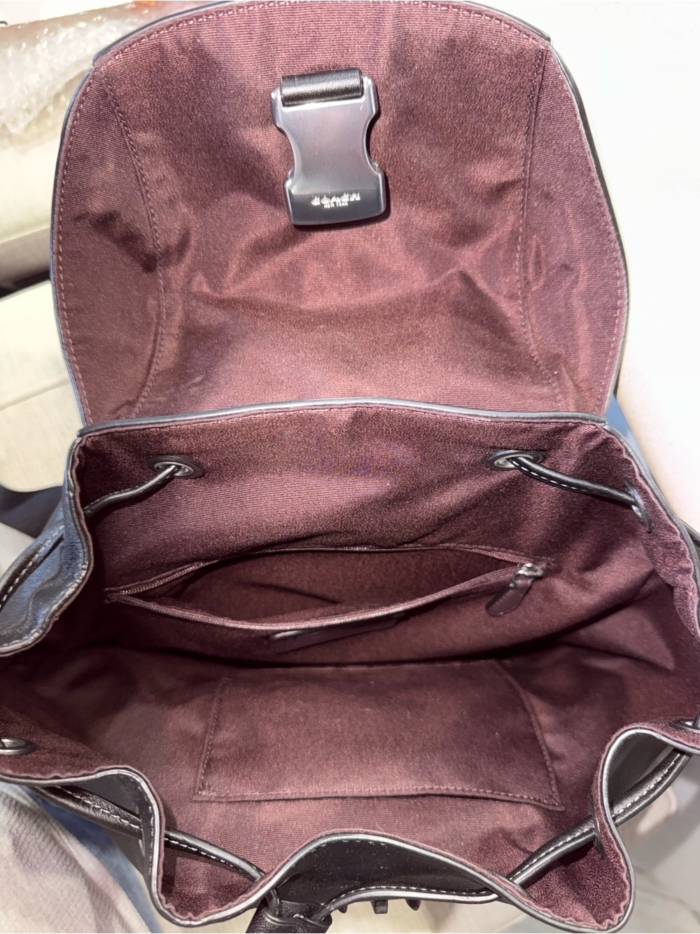 Coach Black Leather Drawstring Large Pace Backpack with Front Zip Pocket - Picture 9 of 14